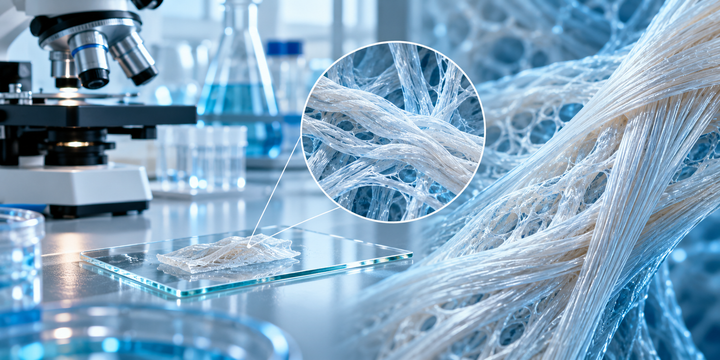 BPC-157 tendon and ligament research illustration showing collagen fibers in a laboratory setting