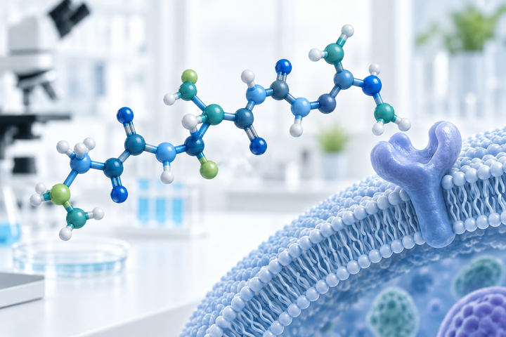 Conceptual illustration of a peptide-like chain beside a cell membrane and receptor in a laboratory setting.