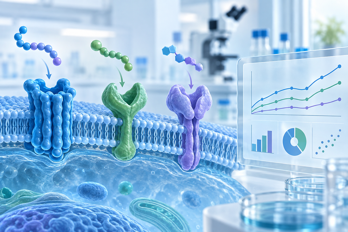 Conceptual illustration of three cell-surface receptors and peptide-like chains beside abstract research charts; not actual trial data.