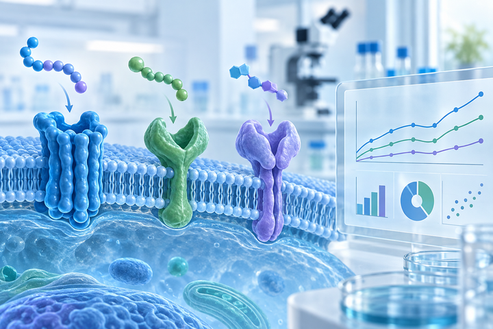 Conceptual illustration of three cell-surface receptors and peptide-like chains beside abstract research charts; not actual trial data.