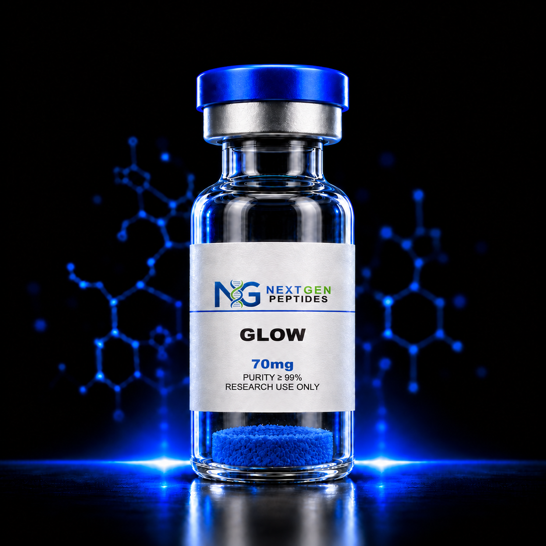 Glow 70mg research peptide vial with blue lyophilized powder