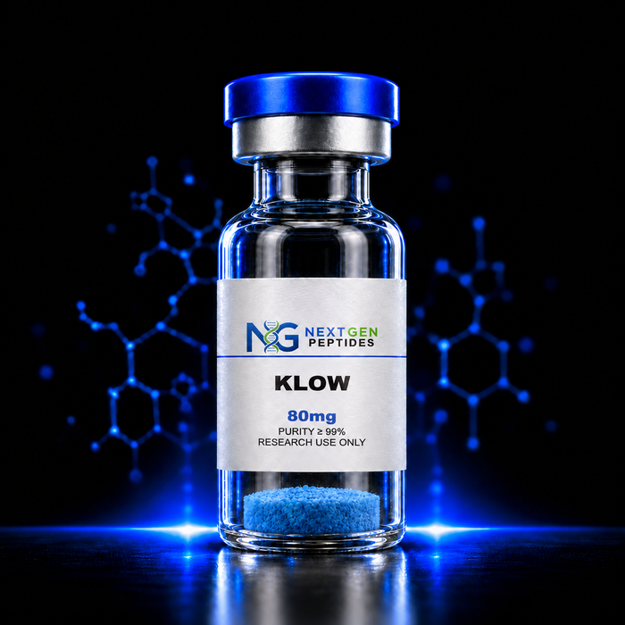 Klow 80mg research peptide blend vial with blue lyophilized powder